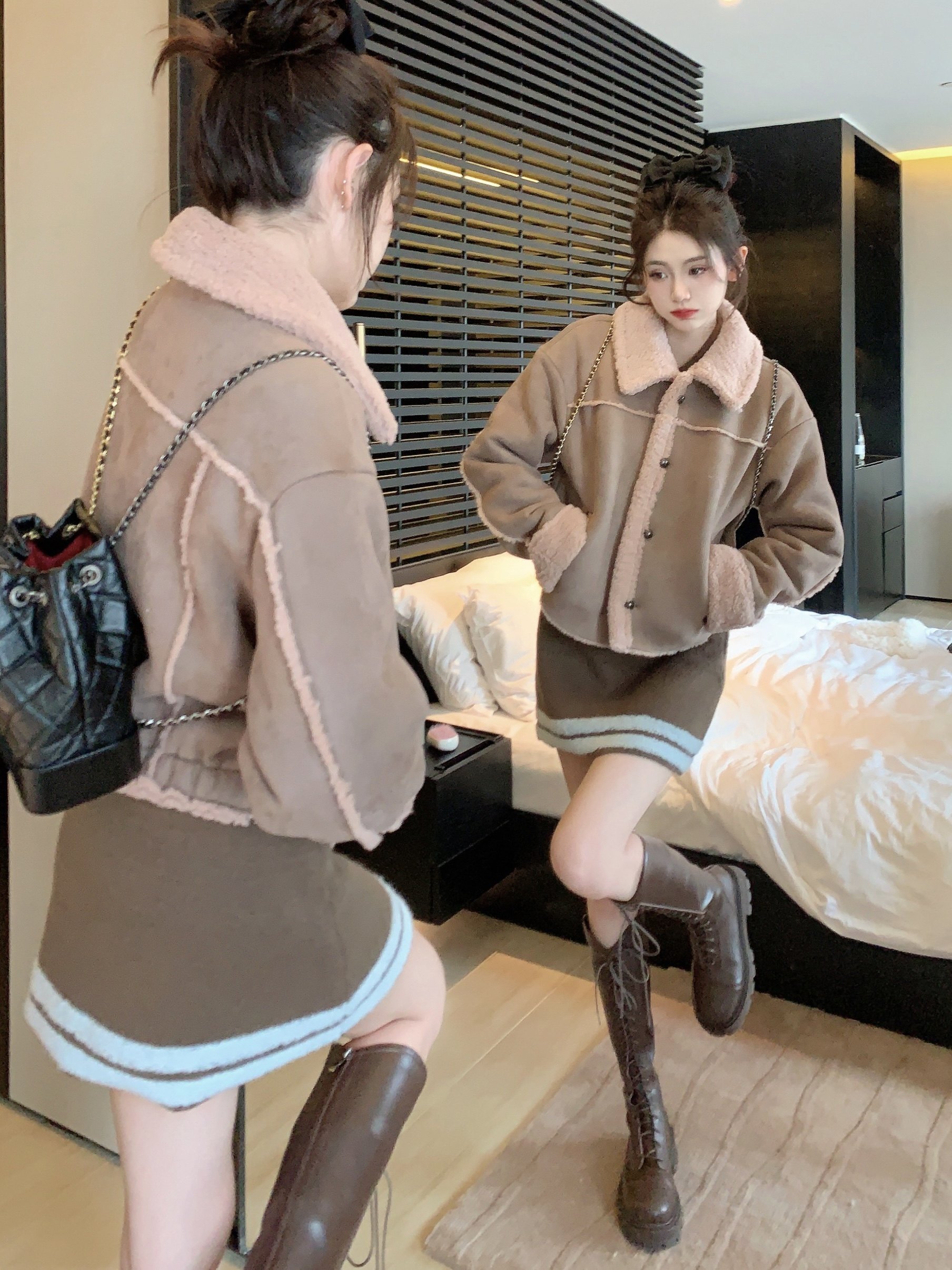 八盖pinky piggy 灰粉baby 皮毛一体复古羊羔毛外套女设计感夹克