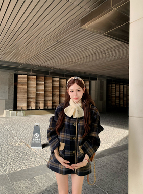 八盖pinky piggy 莫蒂迷失林 经典格纹65羊毛两面穿外套女呢大衣