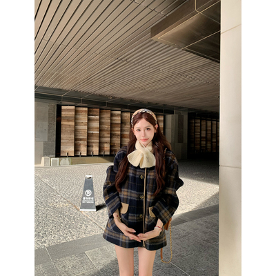 八盖pinky piggy 莫蒂迷失林 经典格纹65羊毛两面穿外套女呢大衣