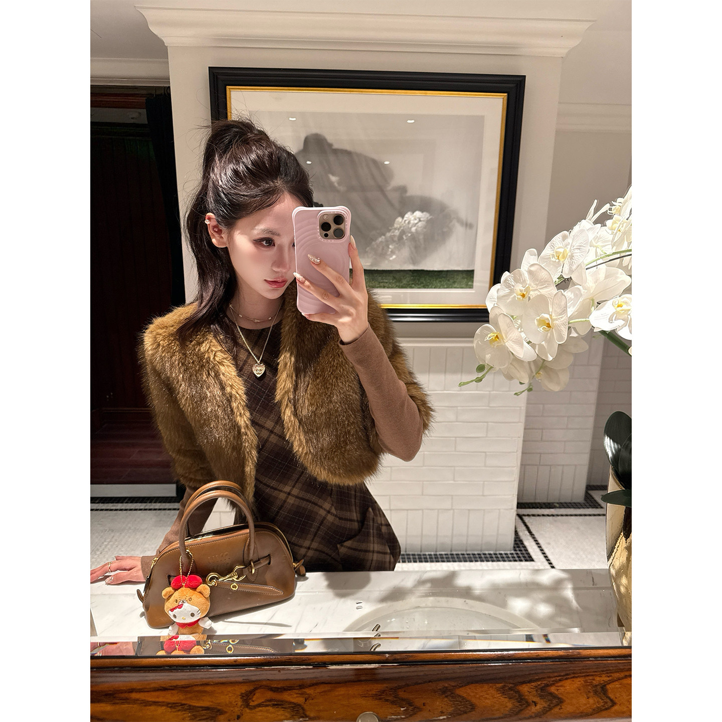 八盖pinky piggy 莱卡小棕貂 美拉德棕色环保皮草套装格纹背心裙,女装/女士精品,时尚套装,淘宝优惠券,粉丝福利购,淘宝优惠卷