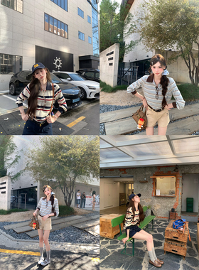 八盖pinky piggy 榄条美学 两色miu系条纹polo衫小众轻熟简约上衣