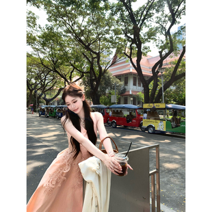 八盖pinky piggy 橘粉色定染花边v领度假连衣裙全棉蕾丝拼接长裙