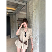 piggy 苏黎世 卡其色苎麻姐感系带衬衣套装 八盖pinky 女高腰短裤