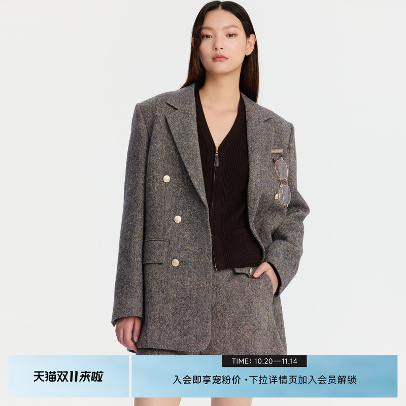 REVAN芮范奥莱冬季设计师款知性眼镜钢花呢大衣RM90302009