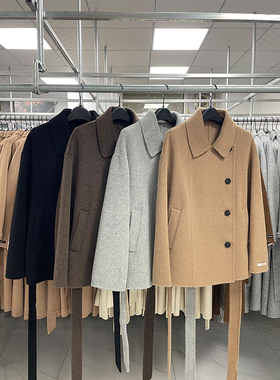 秋冬新款双面羊毛大衣女韩版小翻领短款系带百搭时髦长毛毛呢外套