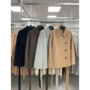 秋冬新款双面羊毛大衣女韩版小翻领短款系带百搭时髦长毛毛呢外套