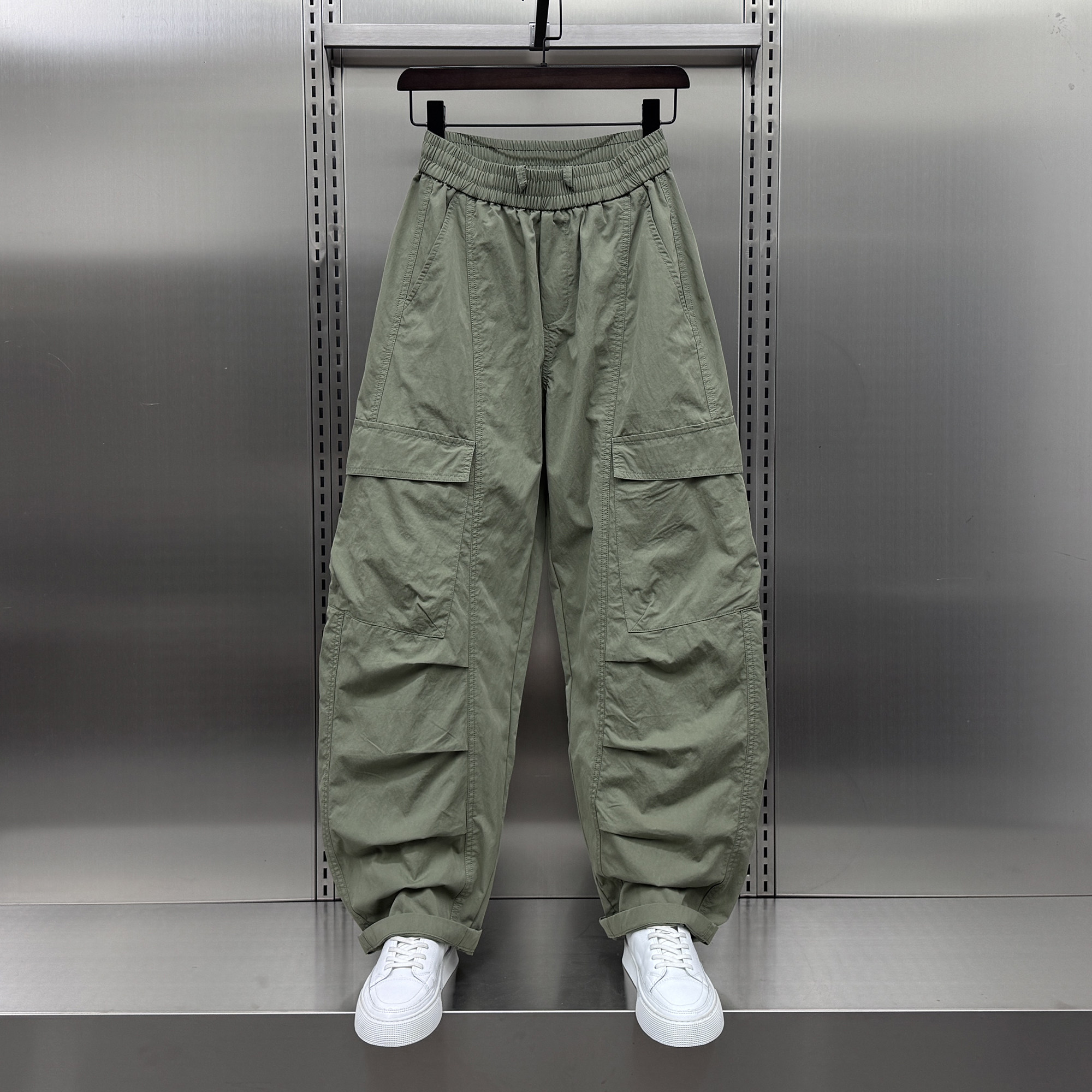 2025夏季薄款宽松阔腿弯刀工装裤男插柳褶皱青年帅气松紧腰拖地裤,男装,休闲裤,淘宝优惠券,粉丝福利购,淘宝优惠卷