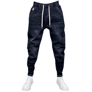 裤子男冬季潮牌牛仔裤修身束脚拼接加绒加厚弹力中腰束脚高级感潮