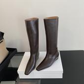 法式 2025新款 时尚 尖头粗跟骑士靴女高筒靴真皮坡跟直筒宽筒长靴子