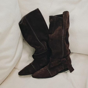 可两穿绑带堆堆靴女2025秋冬新款 美拉德麂皮靴子复古显瘦尖头长靴