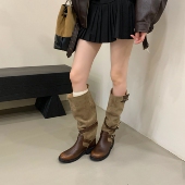 做旧擦色褶皱长靴女2025秋新款 美拉德风复古棕色高筒西部堆堆靴子