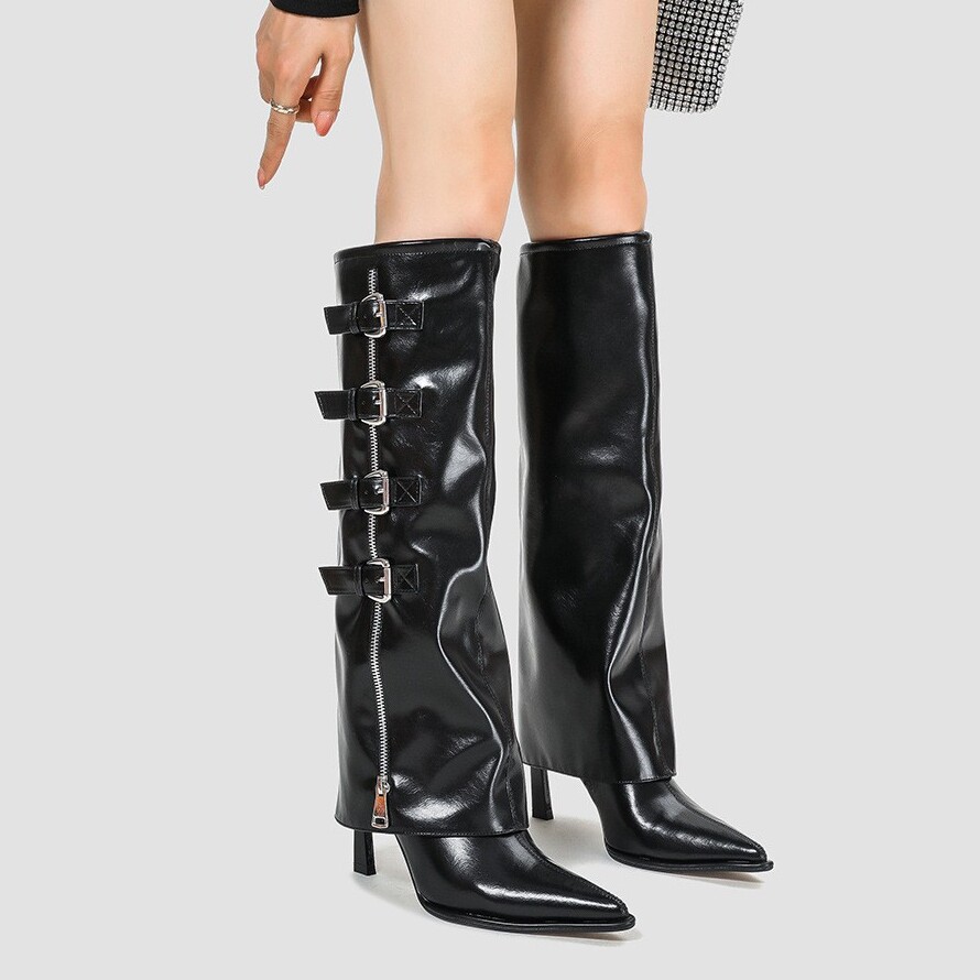 2025春秋新款高跟细跟裤管靴女尖头皮带扣真皮长靴辣妹高筒时装靴