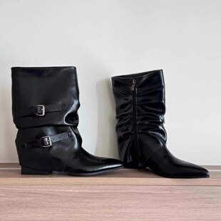 小众设计感尖头靴子女短靴褶皱堆堆靴粗跟宽筒中筒靴显瘦骑士靴潮