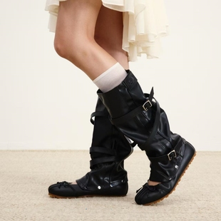 两穿可拆卸黑色凉靴女新款 镂空平底真皮复古铆钉蝴蝶结芭蕾靴子女