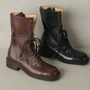 美拉德粗跟短靴系带中筒西部牛仔靴 真皮英伦风马丁靴女2025春新款