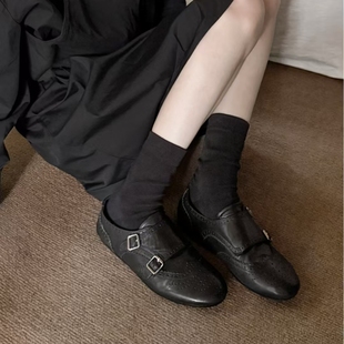 牛皮版~复古内增高布洛克小皮鞋女雕花皮带扣单鞋平底舒适乐福鞋