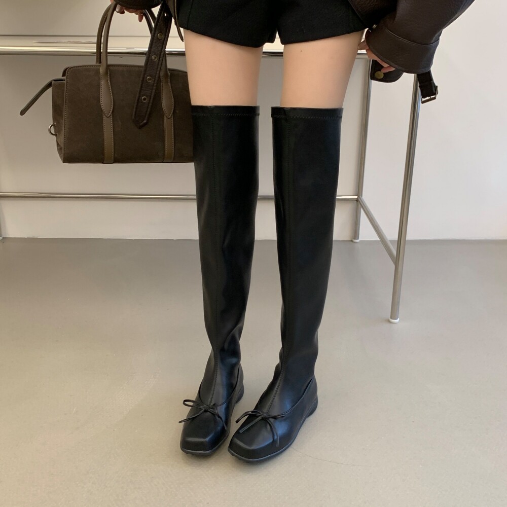 羊皮版~韩版方头过膝长靴女显瘦