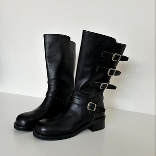 韩国水洗牛皮马丁靴女皮带扣长筒靴25秋冬新款 搭扣高筒长靴中筒靴