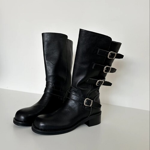 韩国牛皮马丁靴女皮带扣长筒靴子