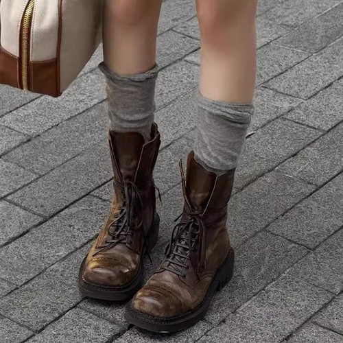 秋冬新款战损靴子女英伦风西部靴