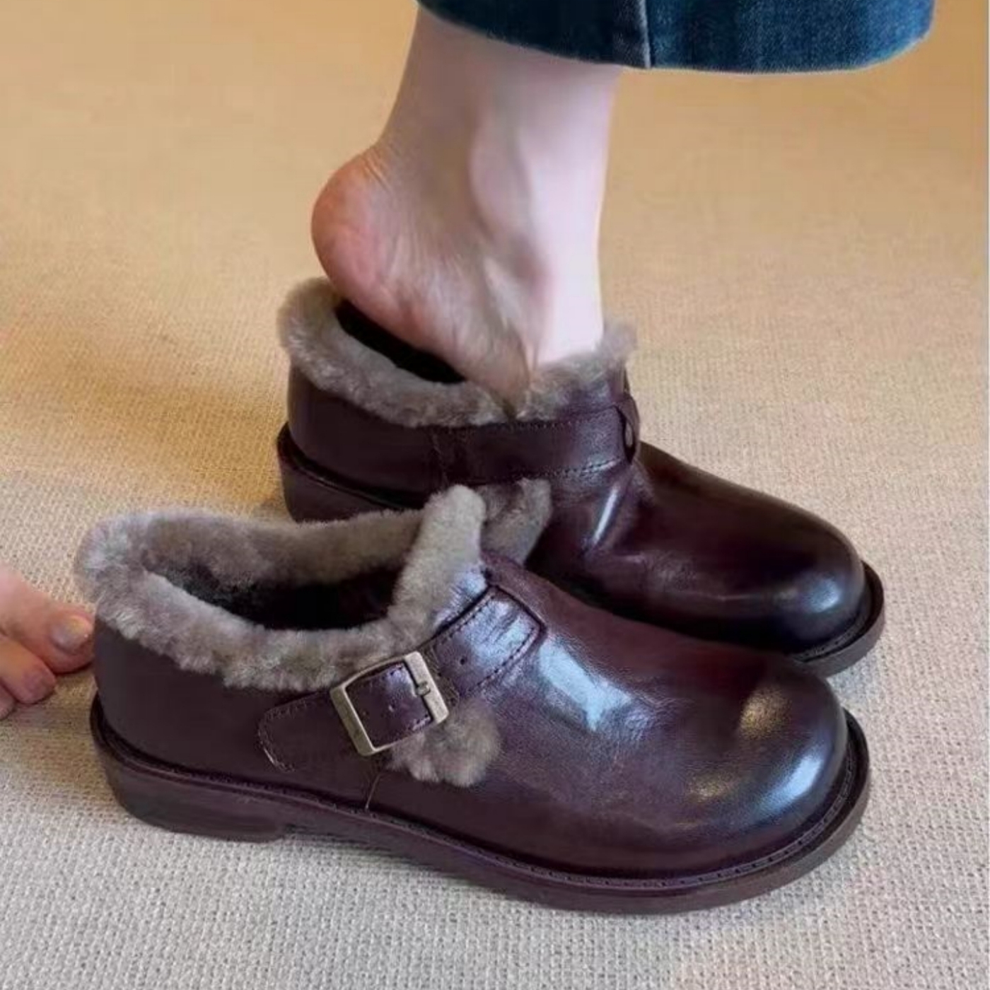 勃肯鞋女真皮加绒棉鞋保暖毛毛鞋