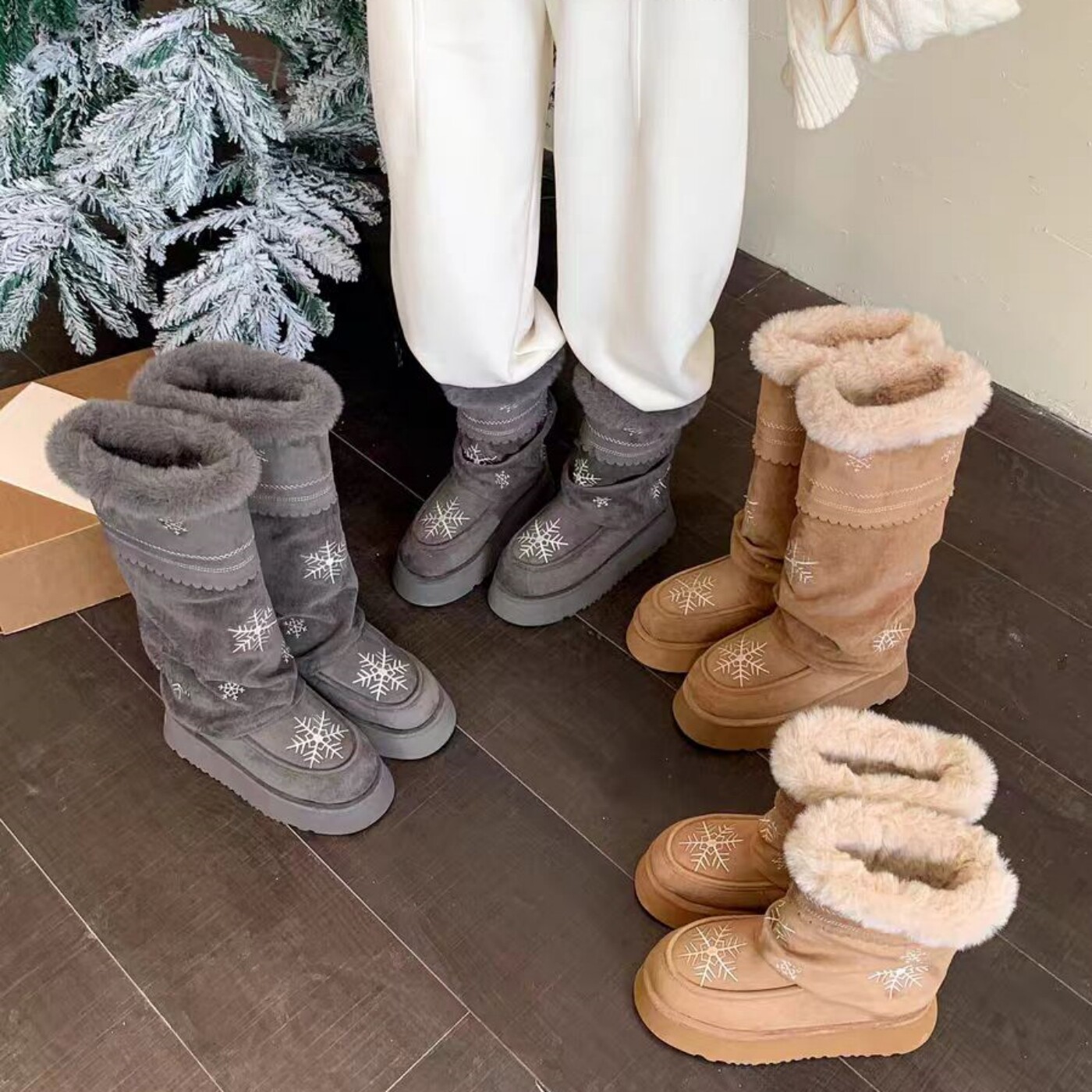 厚底高筒雪地靴女冬季雪花刺绣加绒加厚棉鞋保暖中长筒东北棉靴子