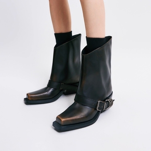 小众复古尖头厚底裤管短靴女2025秋新款西部骑士靴做旧方头马丁靴