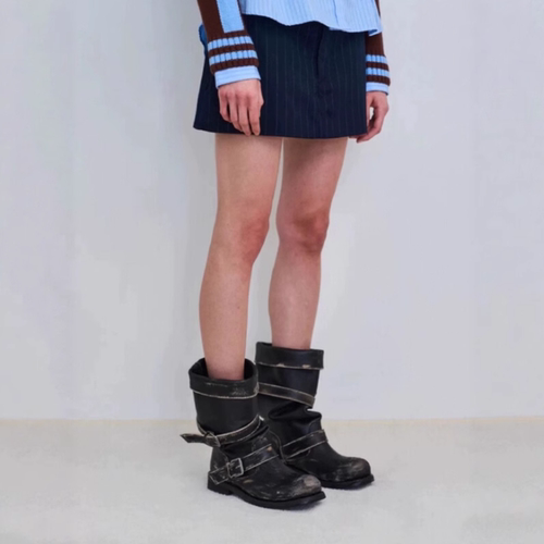 韩系复古做旧皮带扣中筒骑士靴女