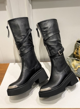 黑色两穿粗跟堆堆靴女暗黑风增高y2k长筒靴小个子厚底高筒骑士靴