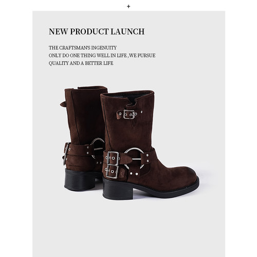 麂皮皮带扣瘦瘦短靴子女2026新款