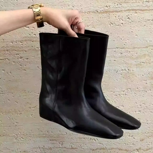 真皮时装靴女2025秋冬新款内增高平底方头简约裸靴显瘦马丁靴短靴