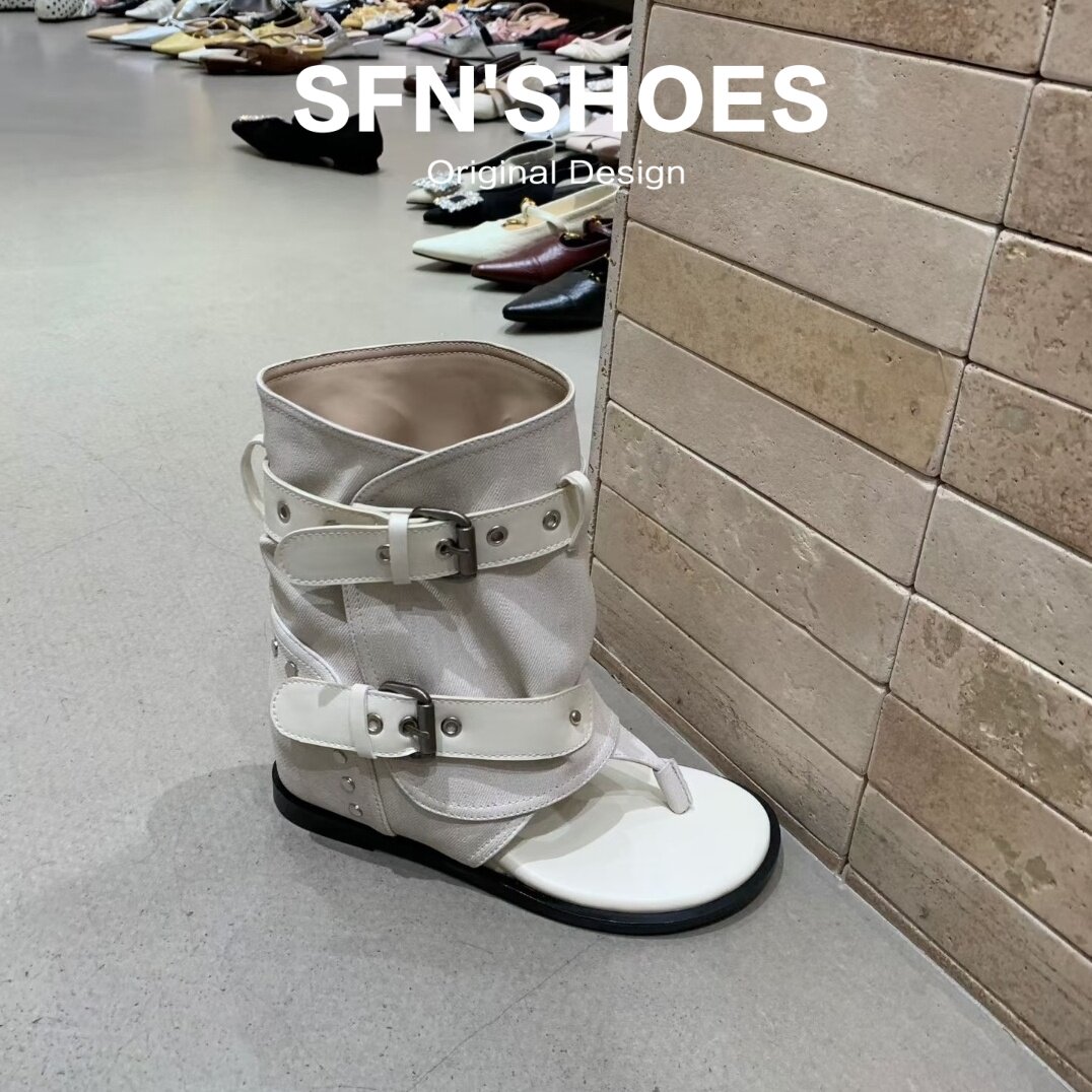 牛皮版~2026新款夏季夹趾凉鞋女牛仔布内增高辣妹平底裤管凉靴子