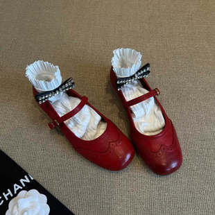 羊皮版法式复古布洛克平底小皮鞋真皮玛丽珍鞋一字扣红色小单鞋女