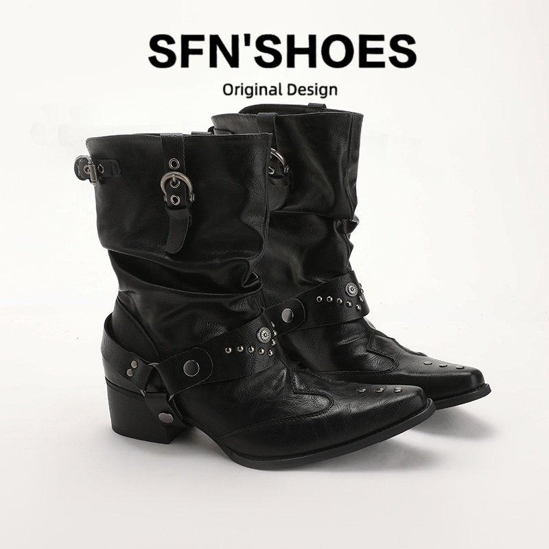 小众设计感朋克风西部短靴女冬新款粗跟黑色尖头骑士靴铆钉时装靴,女鞋,时装靴,淘宝优惠券,粉丝福利购,淘宝优惠卷