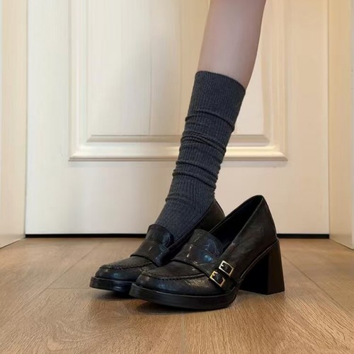 英伦复古双扣带乐福鞋女8cm高跟