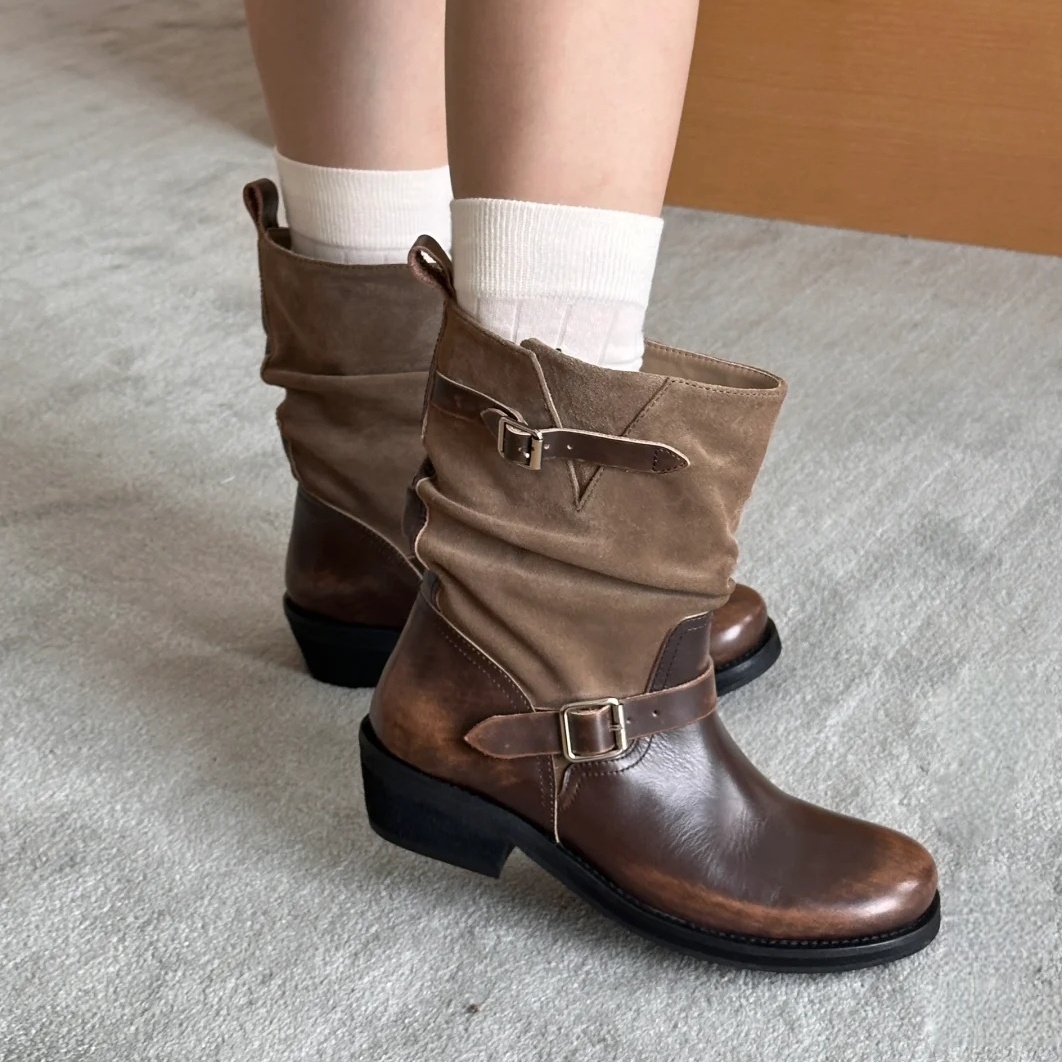 复古擦色骑士靴女美拉德褶皱长靴