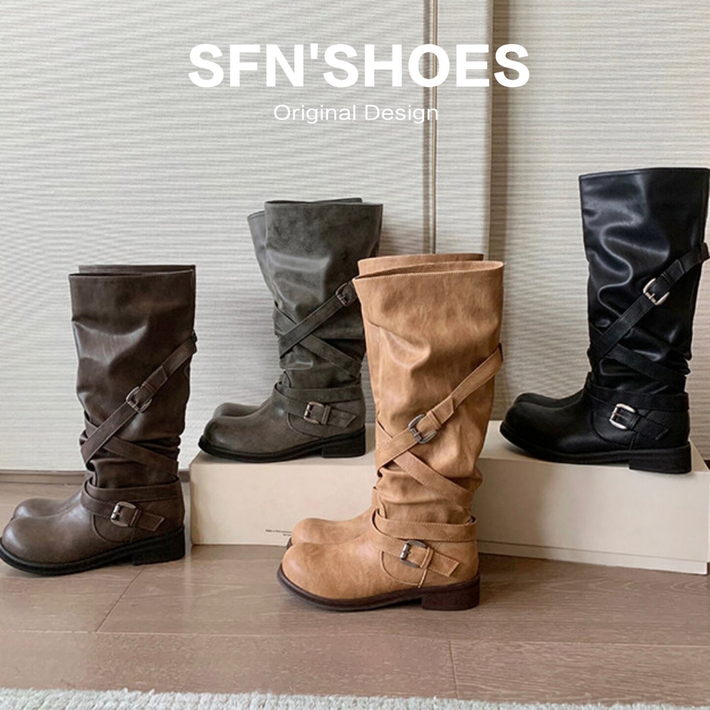 SFN女鞋~增高大筒围堆堆长筒靴女