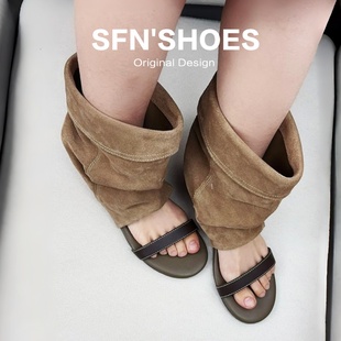 2026春夏新款韩版堆堆靴女一字带露趾内增高凉靴镂空短靴鱼嘴凉鞋