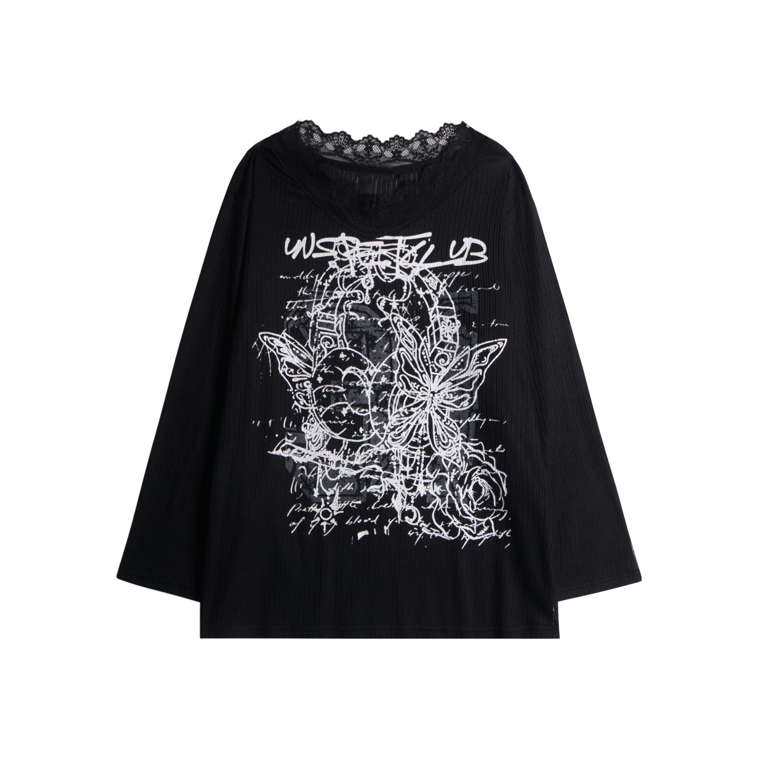 thumbnail for 3722 LAB hot girl sweet cool style graffiti lace lace V-neck long sleeve T-shirt women's slightly see-through design smock top