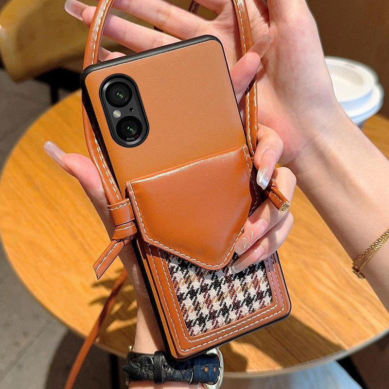 适用于索尼Xperia5V手机壳创意新款千鸟格卡包挂绳女款SonyXperia 5V全包防摔棕色皮质保护套xperia5v皮纹壳