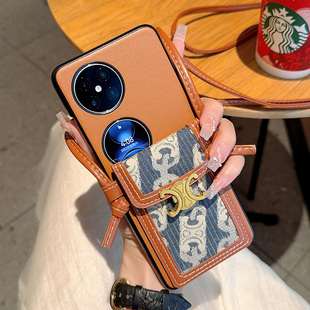 适用于华为Pocket2手机壳时尚高级棕色皮质外壳pocket2个性潮牌蓝花纹插卡包Pocket2便捷斜挎背带保护套