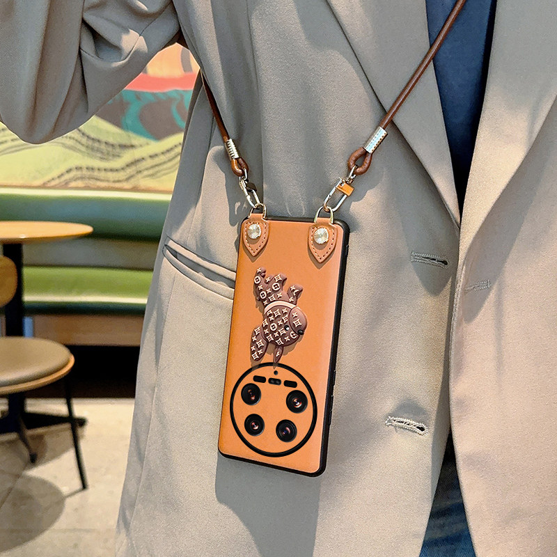 适用于小米14ultra手机壳时尚便捷斜挎背带挂绳小米14Ultra卡通老花狗狗棕色防摔壳14Ultra轻薄时尚保护套