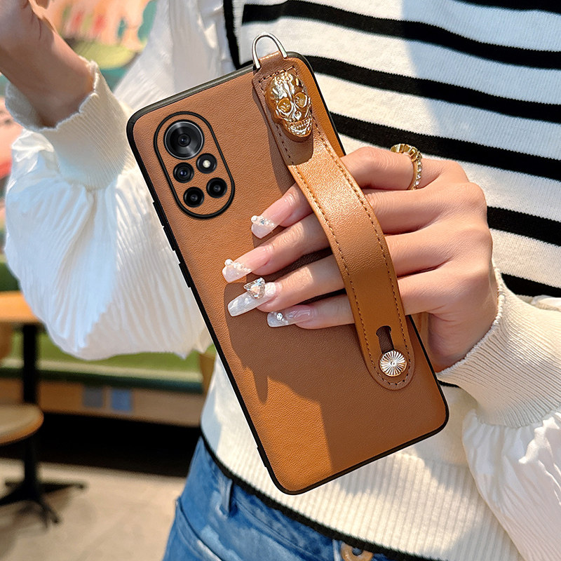 适用于华为nova8手机壳高级感棕色腕带便携女款华为nova8se素皮硬壳斜挎背带挂绳nova8pro保全包防摔保护套