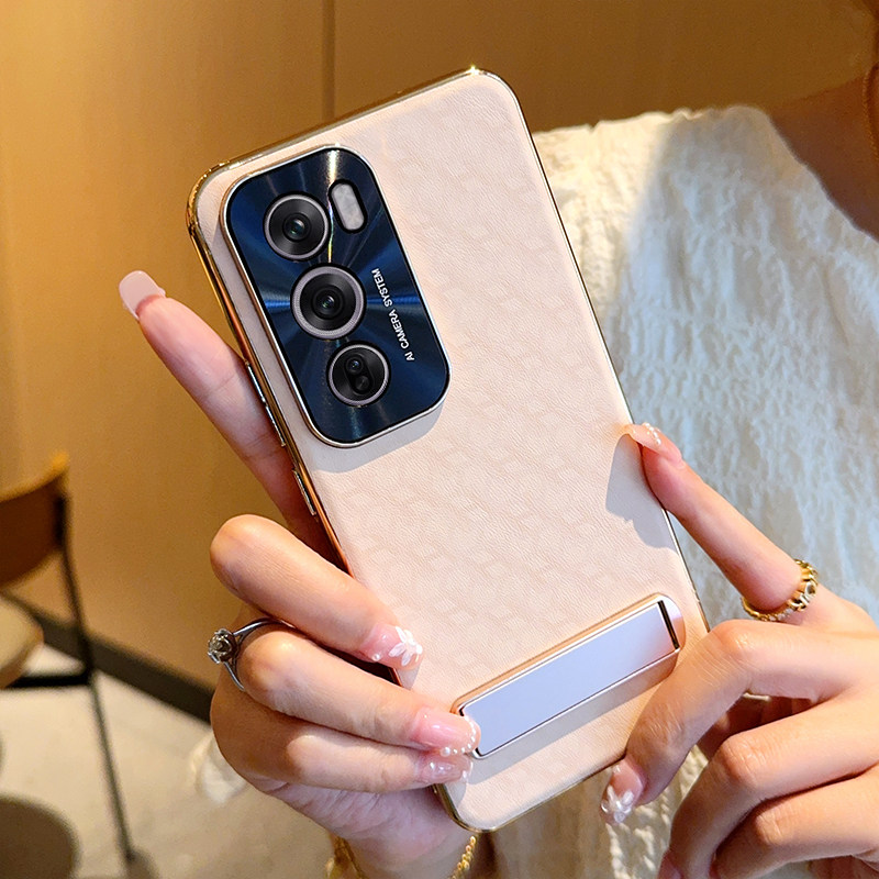 适用于OPPOReno12手机壳高端晨曦金折叠支架电镀金色opporeno12pro全包防摔硬壳保护套OPPO新款奢华皮纹壳