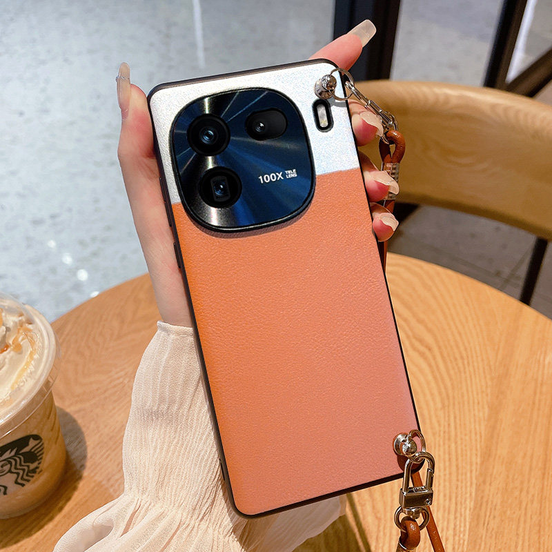 适用vivoiQOO12手机壳简约时尚便捷斜挎挂绳皮质外壳iQOO12pro全包软边防摔双拼色硬壳iQOO12轻薄皮纹保护套