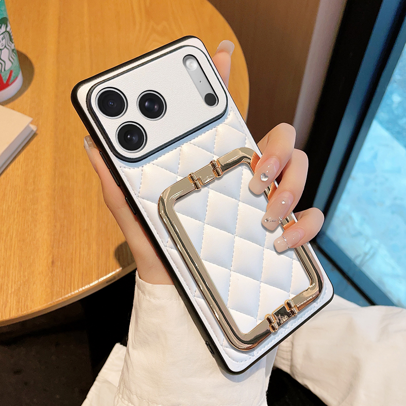 适用iPhone17手机壳全包防摔金属方扣支架苹果17pro保护套简约时尚苹果17promax高档潮牌菱格小香风皮纹壳