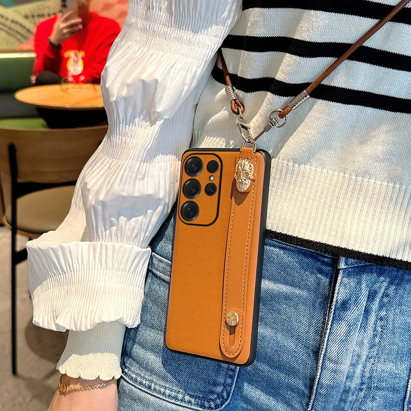 适用三星s25Ultra手机壳新款皮纹s25保护套高挡简约防摔全包个性潮牌棕s25+网红创意斜挎挂绳腕带女款