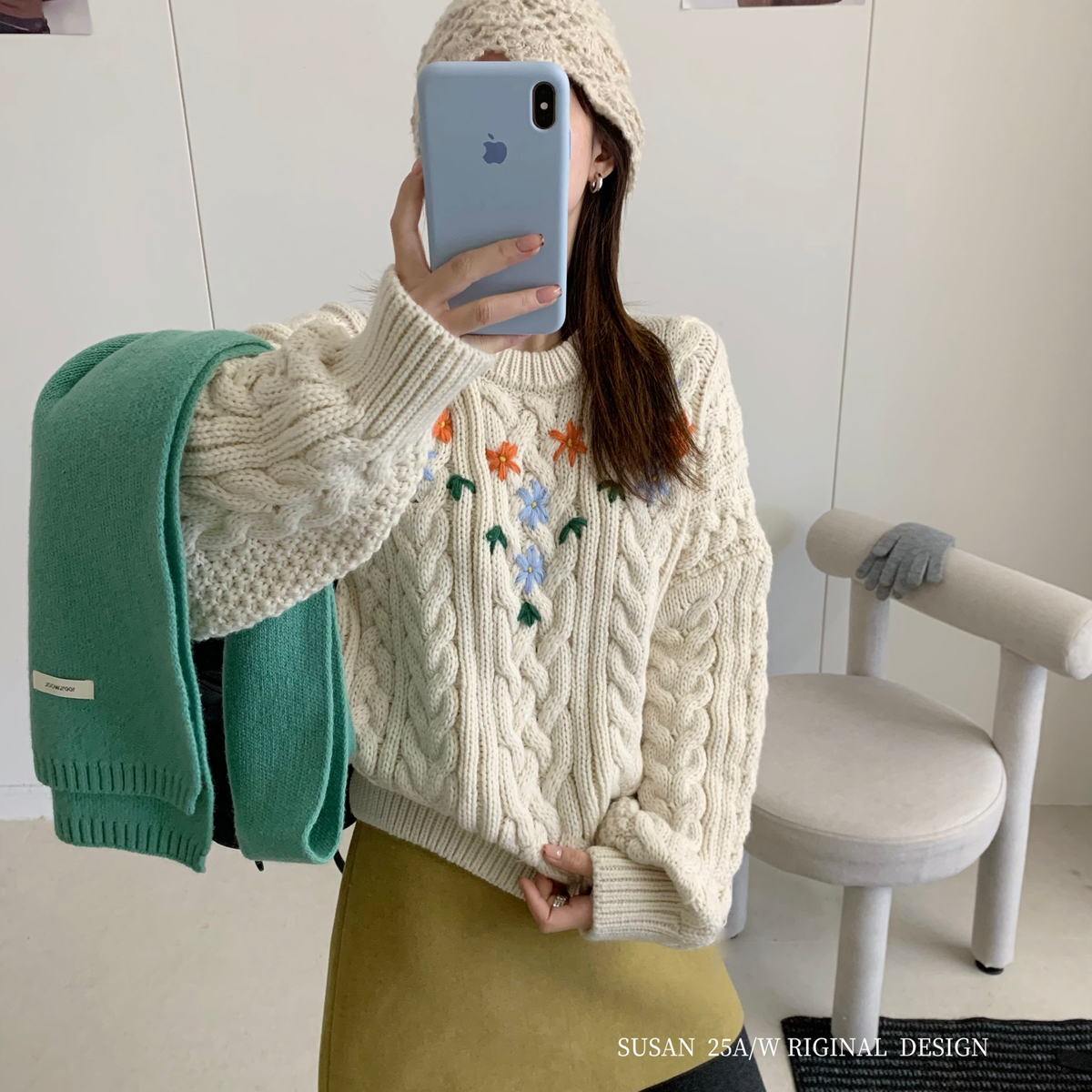 SUSAN-时髦韩系加厚秋冬麻花手工勾花保暖毛衣1980s