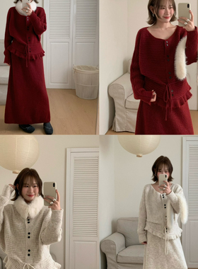 Flower & April-一字肩毛衣+高腰半身长裙女套装(配围脖)90036