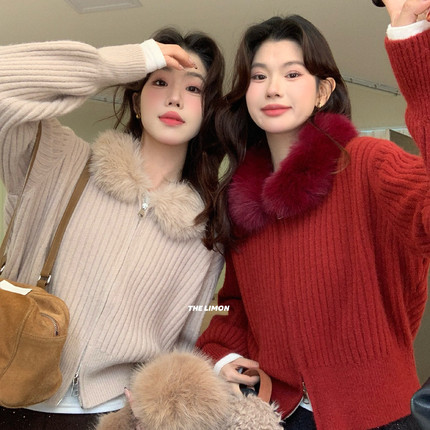 柠檬绿茶-慵懒毛领坑条双拉链毛衣00-6908